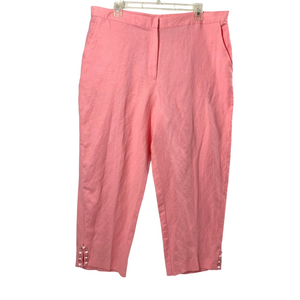 Womens Linen Blend Pants Size 16 Pink Cropped Beaded Hem Summer Resort Vacation